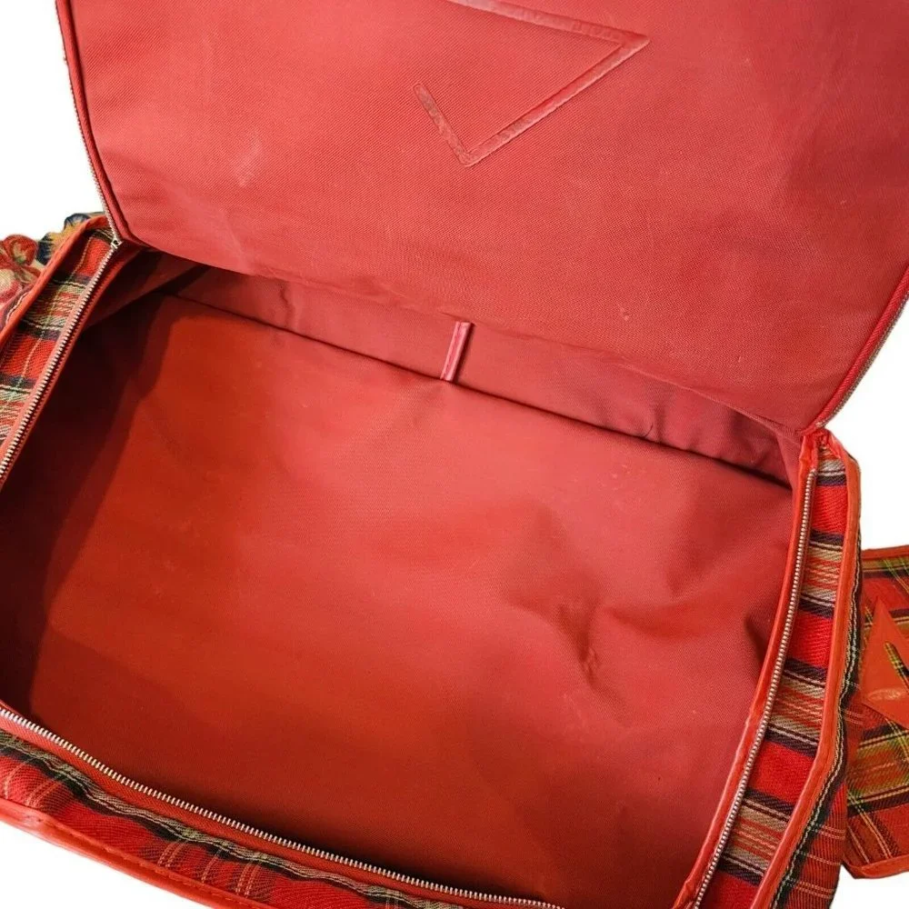 60s Retro Red Plaid Softshell Suitcase Carryon Luggage W Small Matching Bag 2 Pc